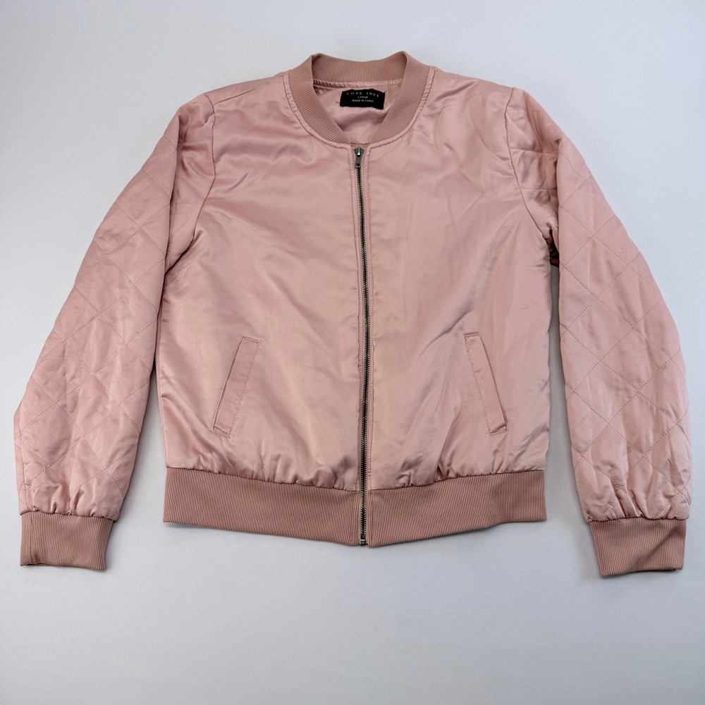 Love Tree Womens Pink Quilted Sleeve Satin Bomber Jacket Size Large Blush